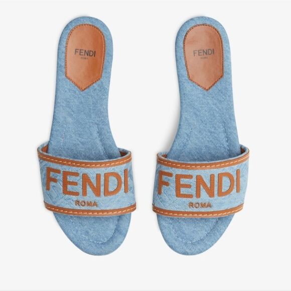 Fendi Signature Embroidered Denim Slide Sandals In Size 40 - Picture 1 of 6